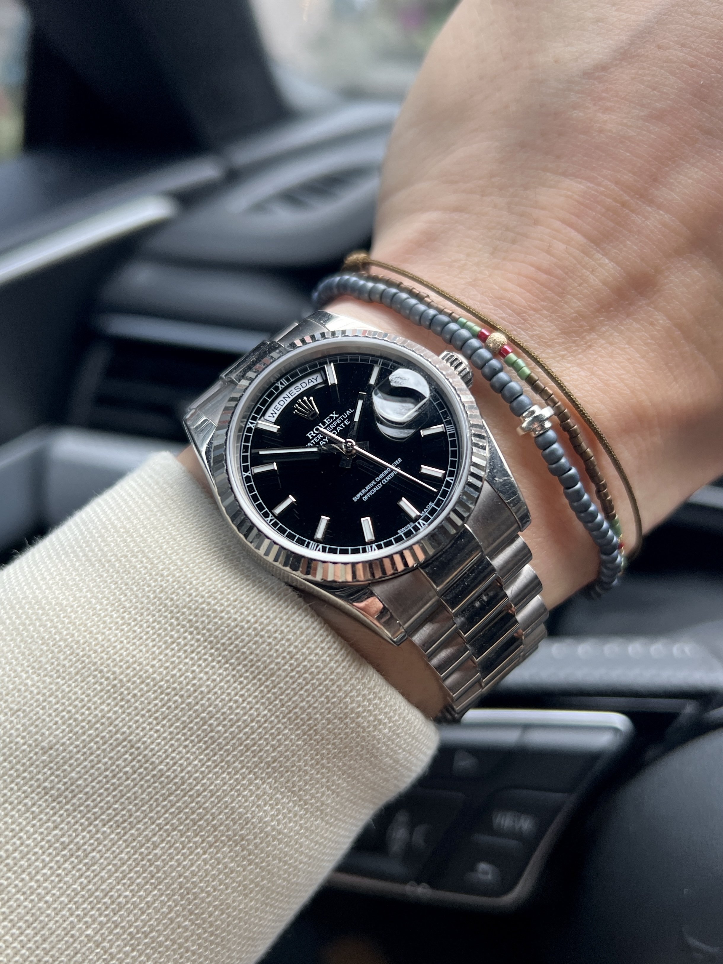 Rolex day date white gold black dial best sale